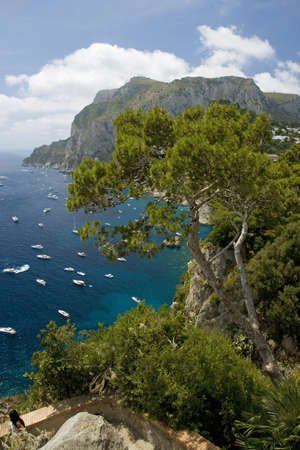 Elevated view of blue waters of the City of Capri, an Italian island off the Sorrentine Peninsula on the south side of Gulf of Naples, in the region of Campania, Province of Naples, Italy, Europeのeditorial素材