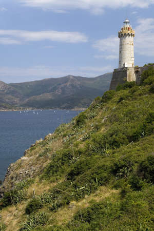 Lighthouse of Portoferraio in Portoferraio, Province of Livorno, on the island of Elba in the Tuscan Archipelago of Italy, Europe, where Napoleon Bonaparte was exiled in 1814のeditorial素材