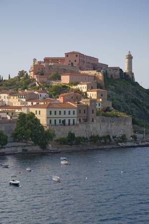 Water view of Portoferraio, Province of Livorno, on the island of Elba in the Tuscan Archipelago of Italy, Europe, where Napoleon Bonaparte was exiled in 1814のeditorial素材