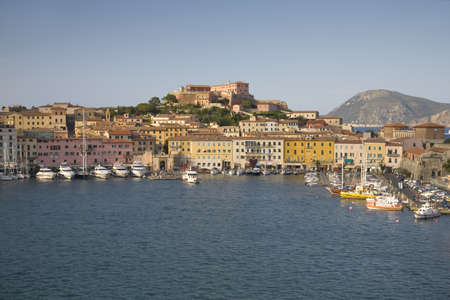 Elevated view of harbor of Portoferraio, Province of Livorno, on the island of Elba in the Tuscan Archipelago of Italy, Europe, where Napoleon Bonaparte was exiled in 1814のeditorial素材