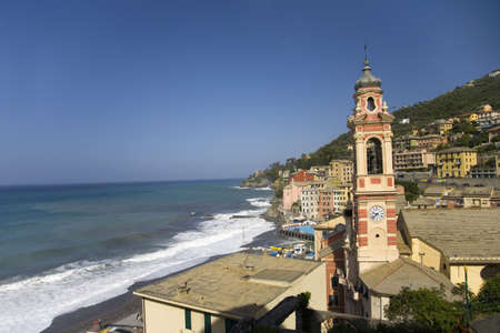 Church tower in Italian seaside communities near Santa Margarita, the Italian Riviera, on the Mediterranean Sea, Italy, Europeのeditorial素材