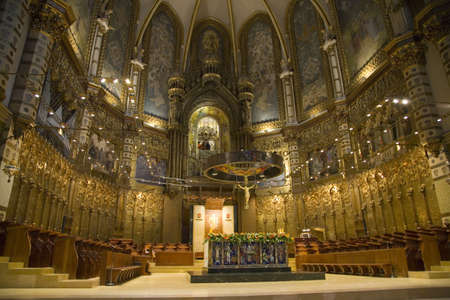Cathedral with view in background of Black Madonna at the Benedictine Abbey at Montserrat, Santa...