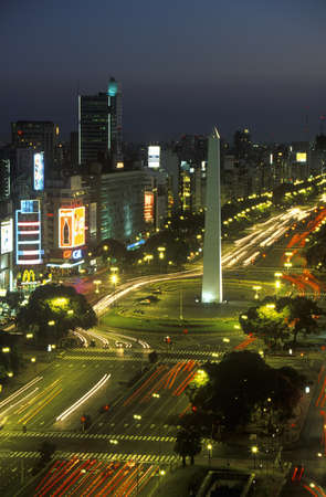 Avenida 9 de Julio, widest avenue in the world, and El Obelisco, The Obelisk at night, Buenos Aires, Argentinaのeditorial素材