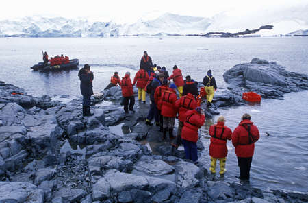 Ecological tourists landing at Paradise Harbor, Antarcticaのeditorial素材