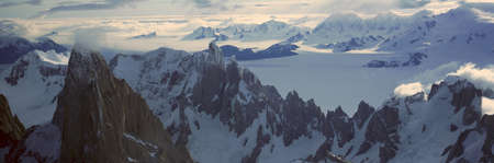 Panoramic aerial view at 3400 meters of Mount Fitzroy, Cerro Torre Range and Andes Mountains, Patagonia, Argentinaのeditorial素材