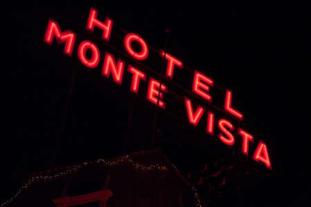 Neon sign for historic Hotel Monte Vista Hotel, Flagstaff, Arizonaのeditorial素材