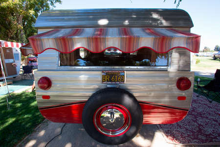 Rear view of Vintage Trailer with red awning, at the 4th Annual Vintage Trailer Bash, Flying Flag RV Resort, Buellton, Californiaのeditorial素材