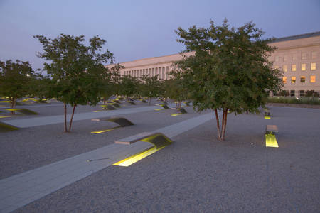 The Pentagon Memorial features 184 empty benches at dusk, a Memorial to commemorate the anniversary of the September 11, 2011 attacks, in Arlington VA., Washington, DC, USA.のeditorial素材