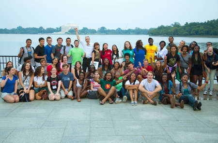 Maryland students pose in front of Tidal Basin in front of Martin Luther King Memorial, Washington,...