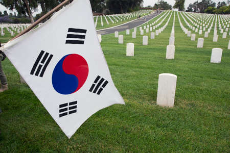 South Korean flag hanging at 2014 Memorial Day Event, Los Angeles National Cemetery, California, USAのeditorial素材