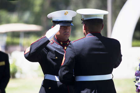 Marine folds flag at Memorial Service for fallen US Soldierのeditorial素材