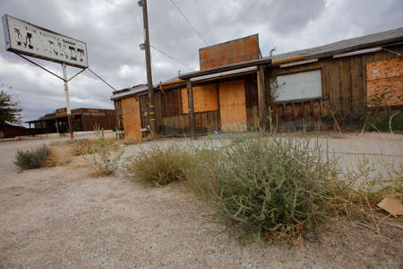 Deserted building in desert between Las Vegas and Barstow off Interstate 15, CA
