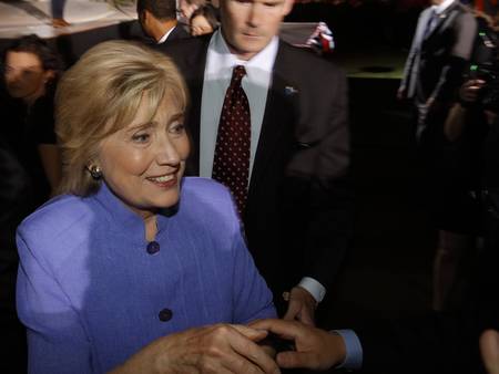 LAS VEGAS, NV - OCTOBER 14, 2015: Hillary Clinton, former U.S. secretary of state and 2016 Democratic presidential candidate,shakes hands at Hillary for America Nevada Rally, Springs Preserve Amphitheaterのeditorial素材