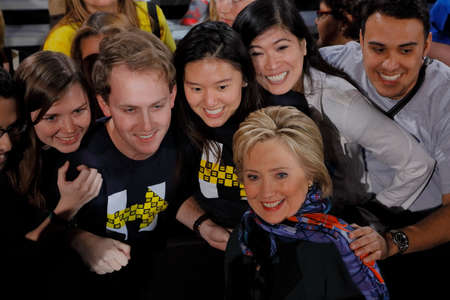 LAS VEGAS, NV - FEBRUARY 19: Secretary Hillary Clinton poses for selfee photograph for Hillary...