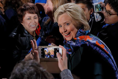 LAS VEGAS, NV - FEBRUARY 19: Secretary Hillary Clinton poses for selfee photograph for Hillary Clinton's 'Get Out The Caucus' rally at the Clark County Government Center on February 19, 2016 in Las Vegas, Nevada.のeditorial素材