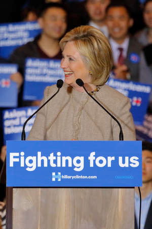 SAN GABRIEL, LA, CA - JANUARY 7, 2016, Democratic Presidential candidate Hillary Clinton waves and smiles to Asian American and Pacific Islander (AAPI) members.のeditorial素材