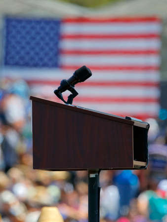 VENTURA, CA - MAY 26, 2016: Empty Podium & US Flag at Bernie Sanders campaign rally at Ventura...