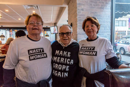 NOVEMBER 7, 2016, INDEPENDENCE HALL, PHIL., PA - Supporters of  Hillary Clinton at Election Eve Get Out The Vote Rally show off t-shirts saying "Nasty Woman"のeditorial素材