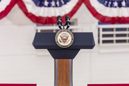 OCTOBER 13, 2016, Vice Presidential Seal and Empty Podium, awaiting Vice President Joe Biden Speech, Culinary Union, Las Vegas, Nevadaのeditorial素材