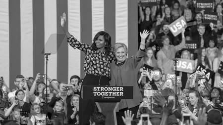 WINSTON-SALEM, NC - OCTOBER 27 , 2016: Democratic presidential candidate Hillary Clinton and US First Lady Michelle Obama appear at a presidential campaign event.のeditorial素材