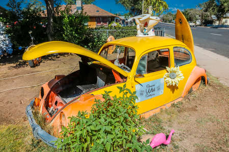 Yellow VW on  Main Street, Seligman on historic Route 66, Arizona, USA, July 22, 2016のeditorial素材