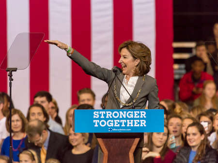 WINSTON-SALEM, NC - OCTOBER 27 , 2016: Democratic US Senator Janet Kay Hagan, North Carolina introduces Hillary Clinton and Michelle Obama at a presidential campaign event in North Carolinaのeditorial素材