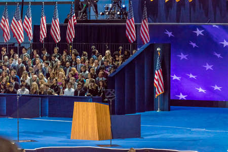 NOVEMBER 8, 2016, Empty Podium Election Night at Jacob K. Javits Center - venue for Democratic...