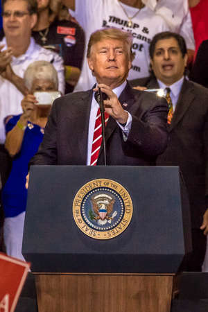AUGUST 22, 2017, PHOENIX, AZ   U.S. President Donald J. Trump speaks to crowd of supporters at the Phoenix Convention Center during a 2020 Trump rallyのeditorial素材
