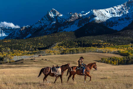 OCT 4, 2017, RIDGWAY COLORADO - Older Cowboy, Howard Linscott , leads packhorse across historic Last Dollar Ranch on Hastings Mesa, SW Colorado, San Juan Mountainsのeditorial素材