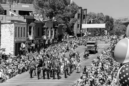 TELLURIDE, COLORADO, USA - July 4, 2018 - Annual  Independence Day Parade, Telluride, Colorado features veterans marching down Colorado Avenue to start paradeのeditorial素材