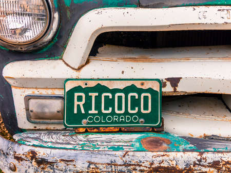 RICO COLORADO JULY 3, 2018, USA - Old Chevy Pickup truck with custom Colorado License plate saying RICOCO, Rico, Coloradoのeditorial素材