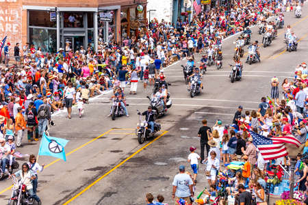 TELLURIDE, COLORADO, USA - July 4, 2018 - Annual  Independence Day Parade, Telluride, Colorado features bikers driving down Colorado Avenue to start paradeのeditorial素材
