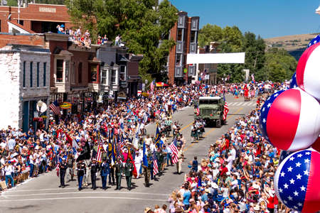 TELLURIDE, COLORADO, USA - July 4, 2018 - Annual  Independence Day Parade, Telluride, Colorado features veterans marching down Colorado Avenue to start paradeのeditorial素材