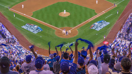 OCTOBER 26, 2018 - LOS ANGELES, CALIFORNIA, USA - DODGER STADIUM: fans celebrate as LA Dodgers defeat Boston Red Sox 3-2 in game 3, the longest game in World Series History - 18 innings, 7 hours , 20 minutes.のeditorial素材