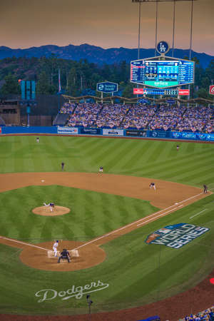 OCTOBER 26, 2018 - LOS ANGELES, CALIFORNIA, USA - DODGER STADIUM: LA Dodgers defeat Boston Red Sox 3-2 in game 3, the longest game in World Series History - 18 innings, 7 hours , 20 minutes.のeditorial素材