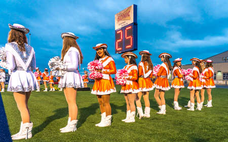 OCTOBER 12, 2018, PARIS TEXAS, USA  - Celina Cheerleaders at high school football game - Paris Wildcats win over Celina Bobcats 54-7 in High School Football Gameのeditorial素材