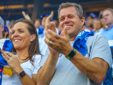 OCTOBER 26, 2018 - LOS ANGELES, CALIFORNIA, USA - DODGER STADIUM: fans celebrate as LA Dodgers defeat Boston Red Sox 3-2 in game 3, the longest game in World Series History - 18 innings, 7 hours , 20 minutes.のeditorial素材