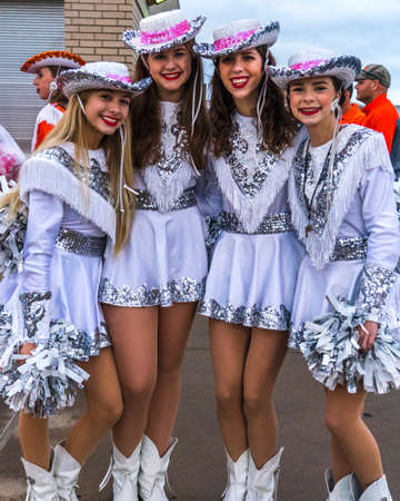 OCTOBER 12, 2018, PARIS TEXAS, USA  - Celina Cheerleaders at high school football game - Paris Wildcats win over Celina Bobcats 54-7 in High School Football Gameのeditorial素材