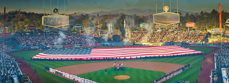 OCTOBER 26, 2018 - DODGER STADIUM, LOS ANGELES, CALIFORNIA, USA - giant US Flag is unfurled for World Series Game 3 opening ceremonies of Los Angeles Dodgers versus Boston Red Sox. Dodgers won 3 to 2 in 18 inningsのeditorial素材