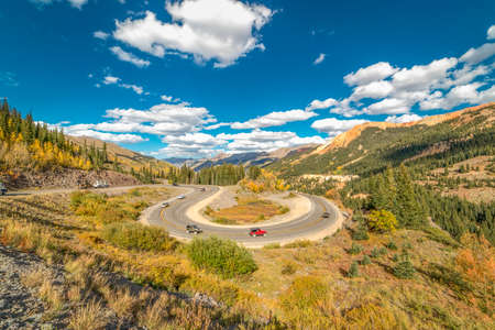 SEPT 18, 2018 - ROUTE 550 SILVERTON, COLORADO, USA - "Circular elevated view of Colorado State Highway 550, known as "Million Dollar Highway" threads its way from Silverton to Ourayのeditorial素材