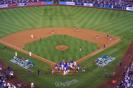 OCTOBER 26, 2018 - LOS ANGELES, CALIFORNIA, USA - DODGER STADIUM: LA Dodgers defeat Boston Red Sox 3-2 in game 3, the longest game in World Series History - 18 innings, 7 hours , 20 minutes - Max Muncy hits walk-off home run to win gameのeditorial素材