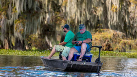 OCTOBER 14, 2018 - Lafayette, Louisiana, USA - Fisherman in Cajun Swamp & Lake Martin, near Breaux Bridge and Lafayette Louisianaのeditorial素材