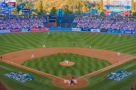 OCTOBER 26, 2018 - LOS ANGELES, CALIFORNIA, USA - DODGER STADIUM: LA Dodgers defeat Boston Red Sox 3-2 in game 3, the longest game in World Series History - 18 innings, 7 hours , 20 minutes.のeditorial素材