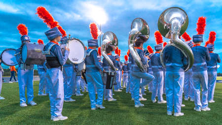 OCTOBER 12, 2018, PARIS TEXAS, USA  - Celina marching band at high school football game - Paris Wildcats win over Celina Bobcats 54-7 in High School Football Gameのeditorial素材