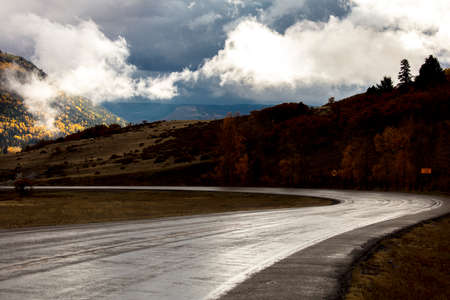 OCT 8, 2018 - CHAMA NEW MEXICO, USA - Fresh rain on higwhay 17, Colorado/New Mexico border near Chama, New Mexicoのeditorial素材