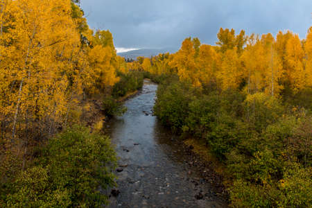 OCTOBER 8, 2014 - 
Uncompahgre River, Colorado, USA - Autumn Color in Colorado, Landscape - looking toward Tellurideのeditorial素材