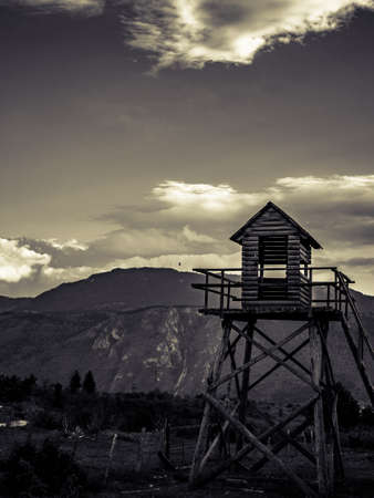 The Hut Elevated Hunting Blind in mountainsの写真素材