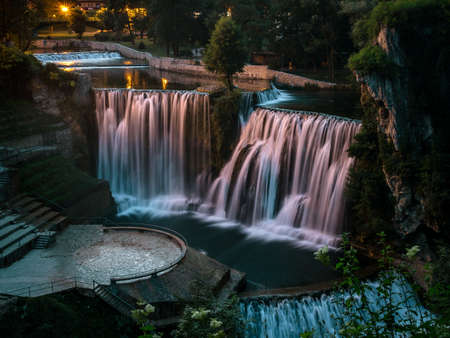 Waterfall in Jajce in Sunsetの写真素材