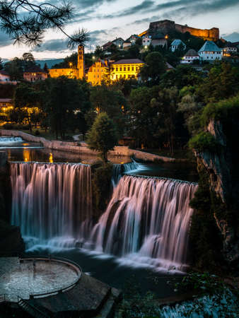 Waterfall in Jajce in Sunsetの写真素材