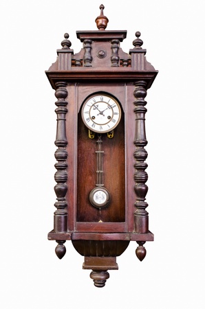 antique wooden pendulum clock isolated on white backgroundの写真素材